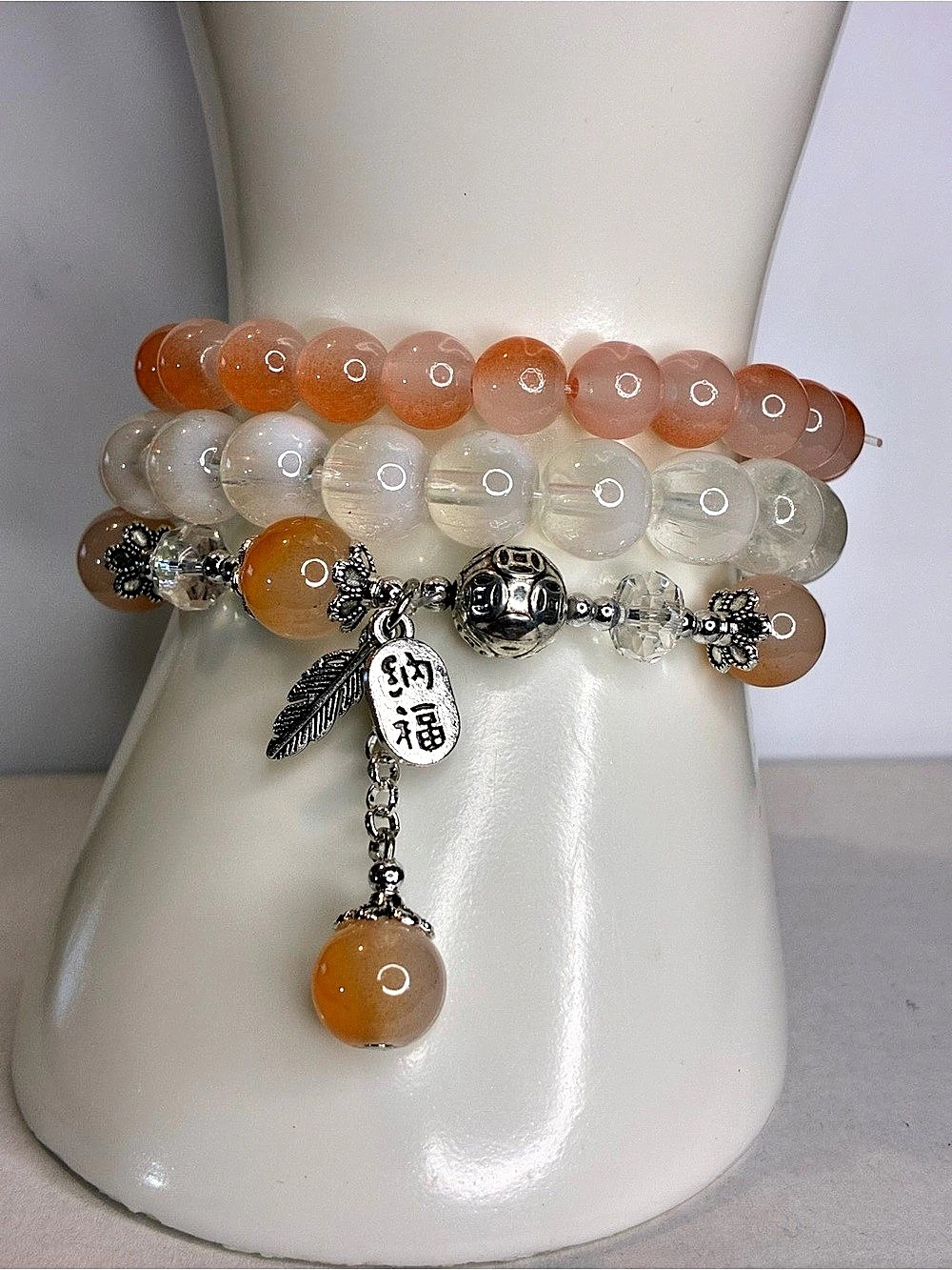 Glass Beaded Charm Bracelet Stack in Orange/White Silver- Tone Metal Charms NWOT